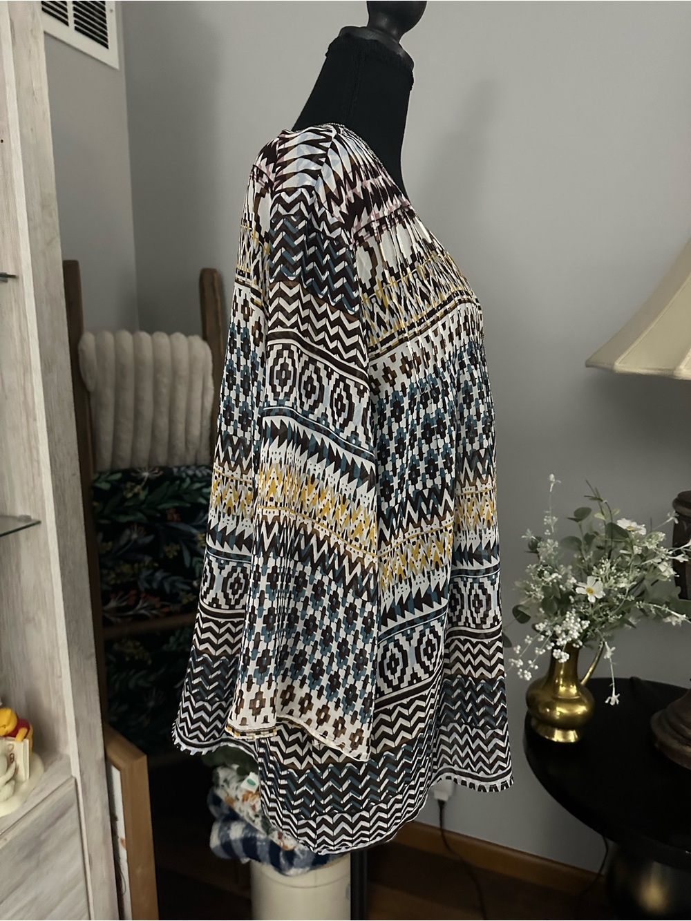 Ariat Aztec-Pattern Tunic Top in Black, White, Teal & Yellow - Picture 2 of 6